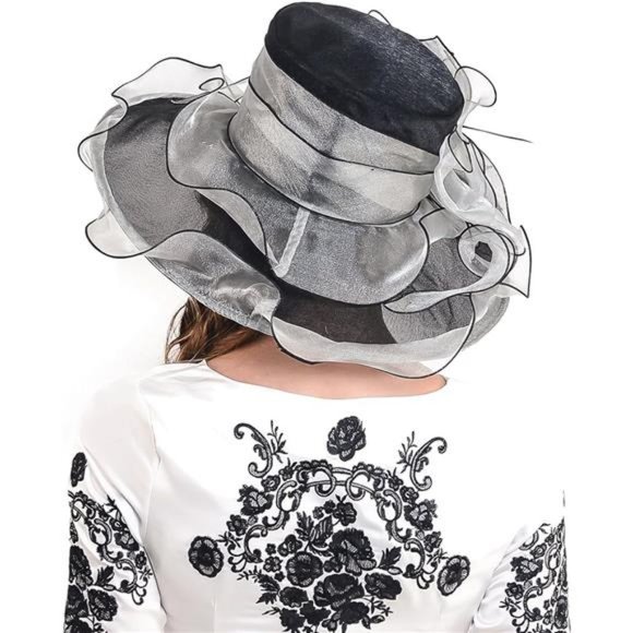 Ladies Church Derby Hat Wide Brim Leaf Flower Bridal Dress Hat BLACK